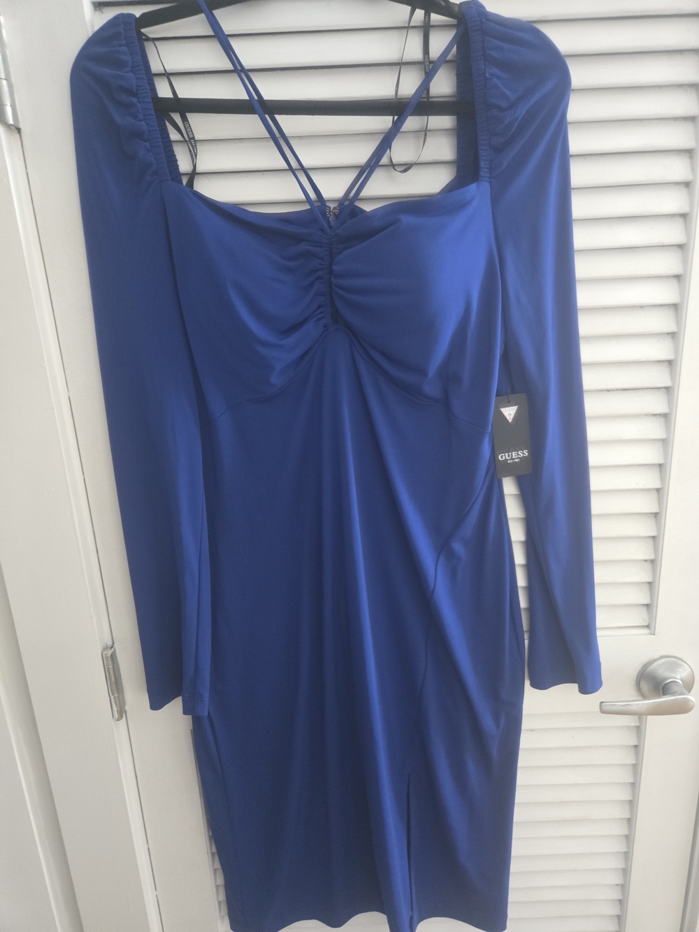 NWT GUESS Cobalt Blue Long Sleeve Ruched Front Dress